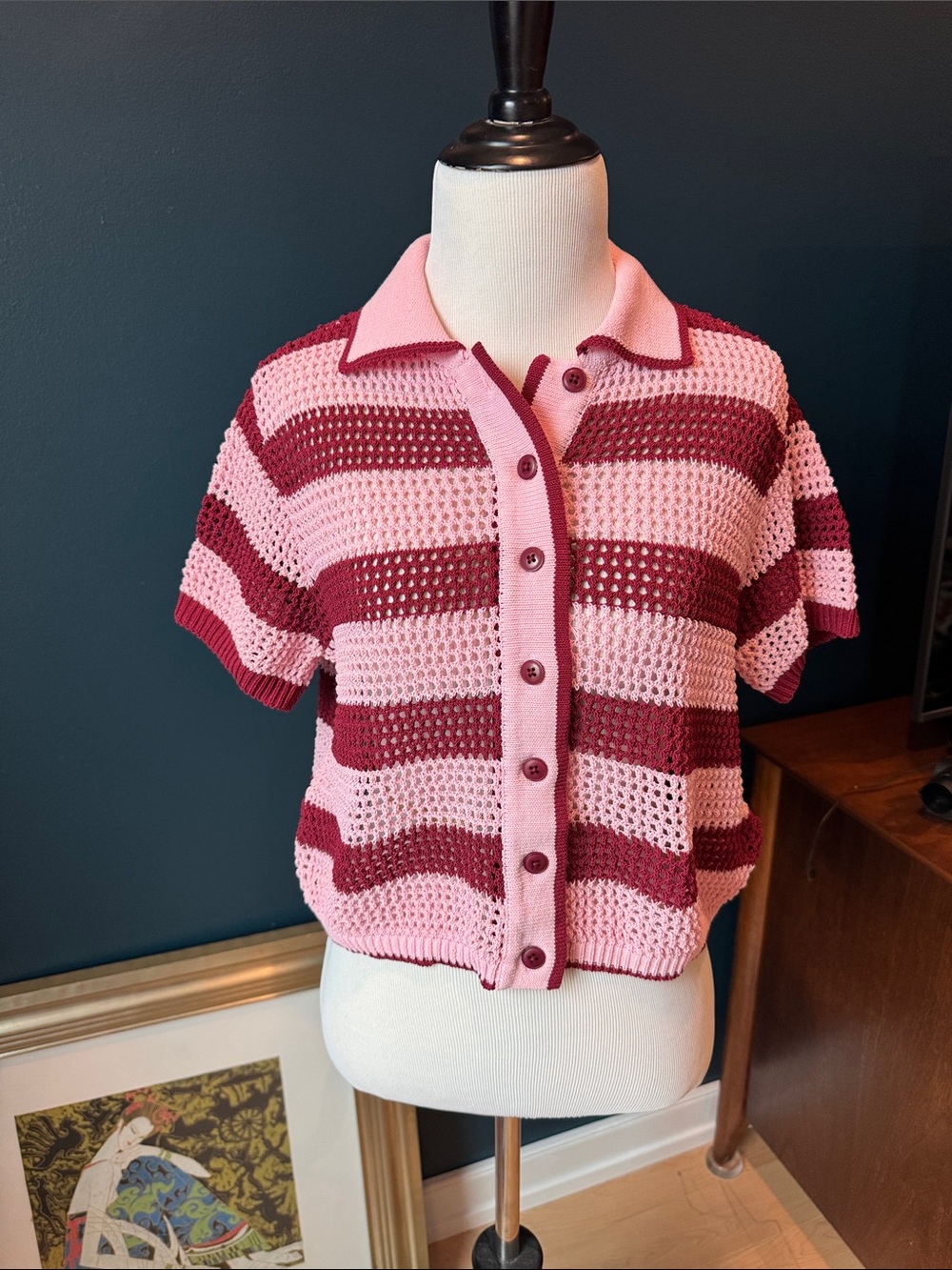 Zara Pink and Burgundy Striped Crochet Short-Sleeve Cardigan
